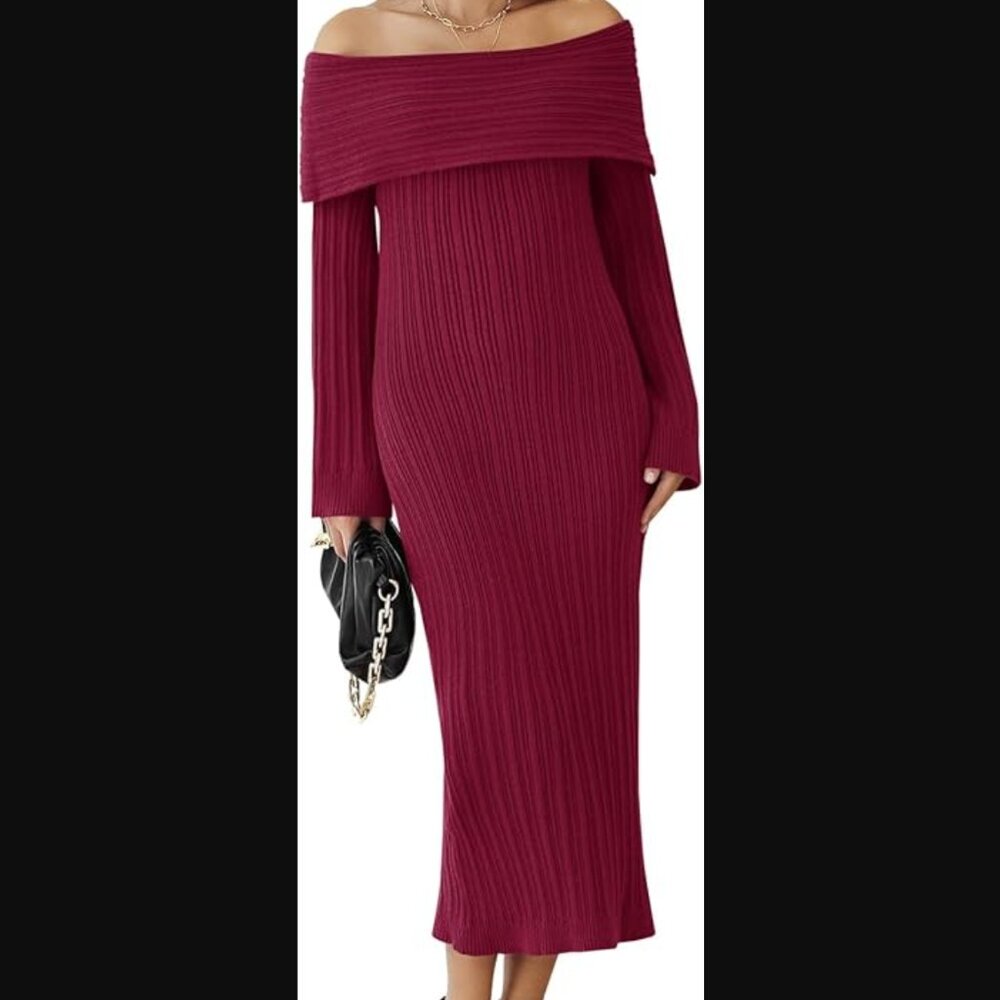 NWOT (M) Wine Red Bodycon Off Shoulder Maxi Sweater Dress Long Sleeve